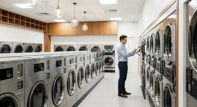 A modern laundromat business investment 2026 featuring rows of energy-efficient commercial washing machines.