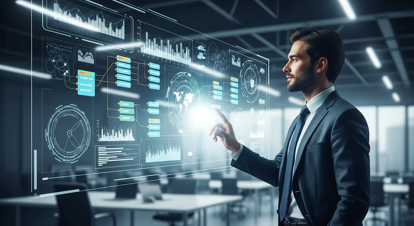 A professional man planning business growth using lean startup methodology 2026 on a futuristic digital display.