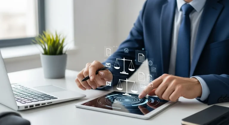 A businessman reviewing modern legaltech solutions for entrepreneurs on a tablet in a bright office space.