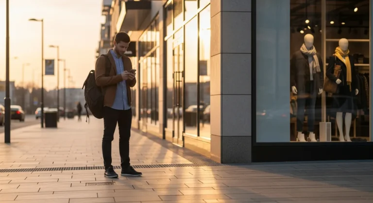 A man using his smartphone in front of a boutique to illustrate local SEO for brick and mortar stores.