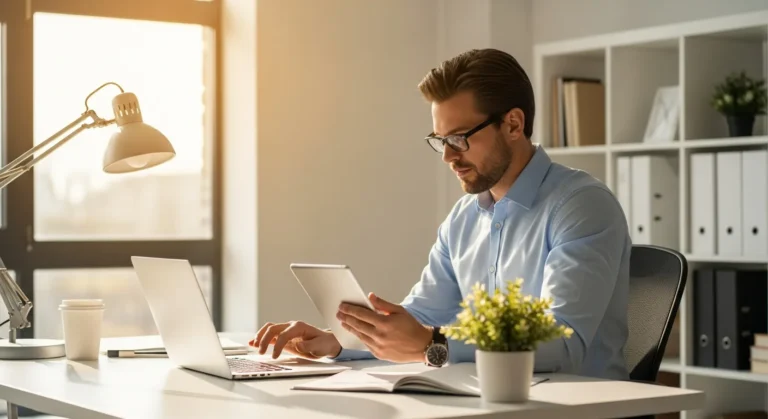 A small business owner reviewing low cost digital transformation strategies on a laptop in a modern 2026 office.