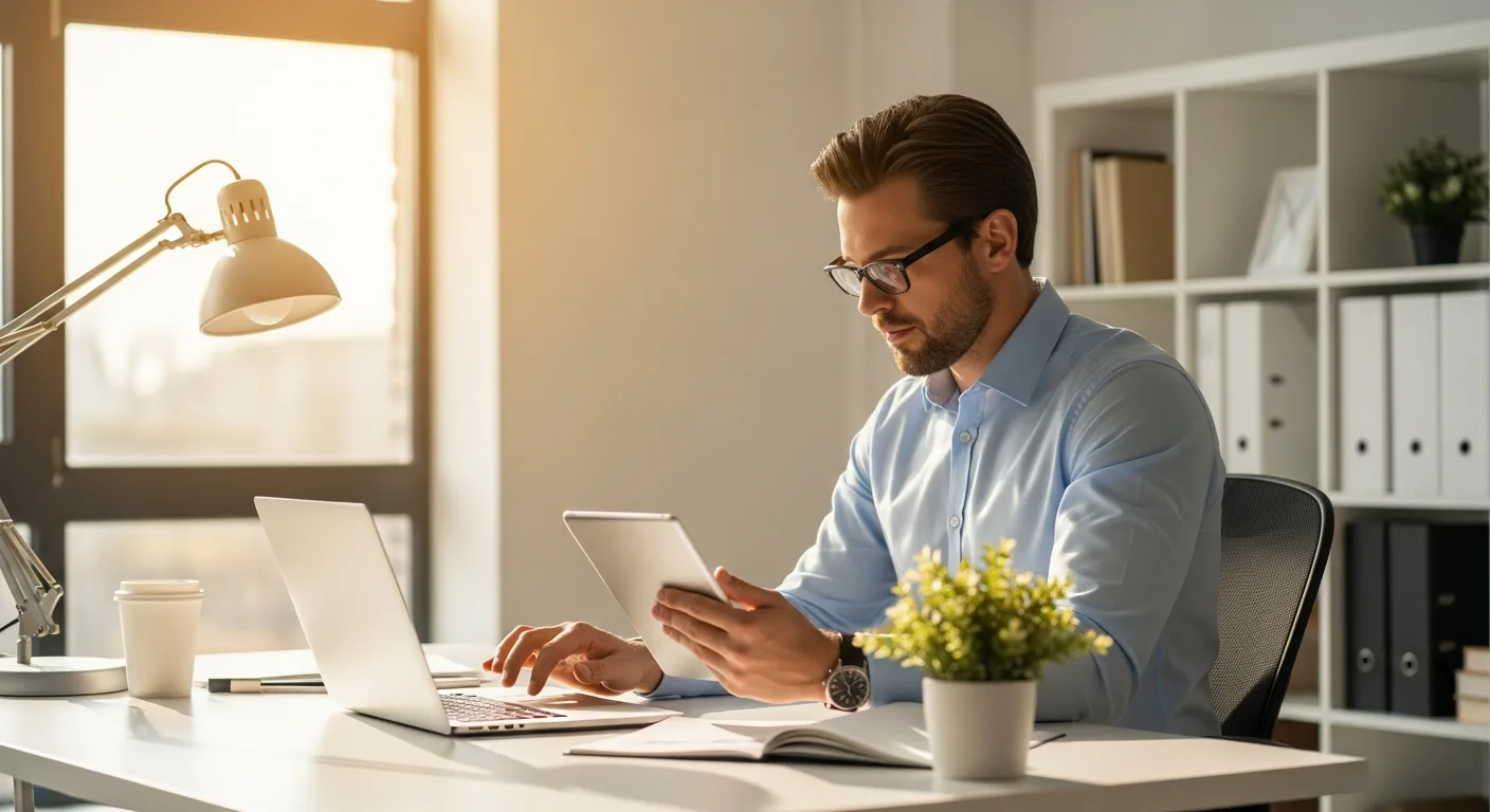 A small business owner reviewing low cost digital transformation strategies on a laptop in a modern 2026 office.