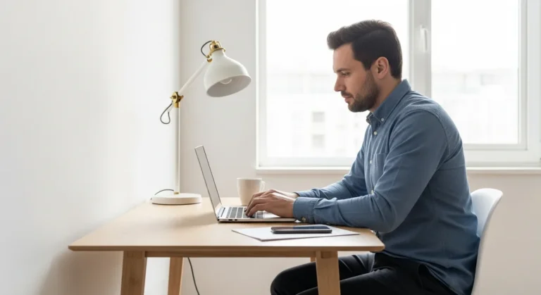 A man in a home office working on low overhead business ideas to start now.