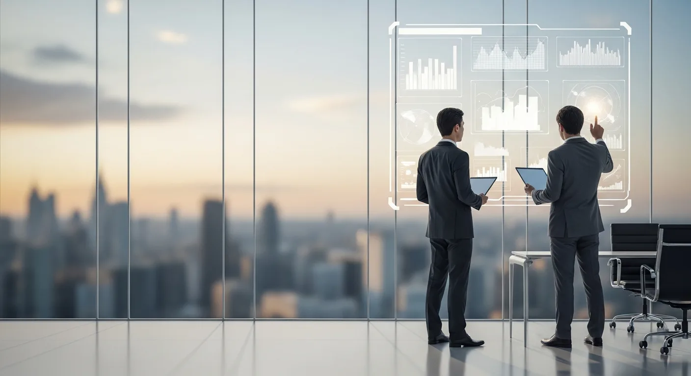 Two men reviewing innovative management consulting business ideas 2026 on a high-tech digital interface in a city office.
