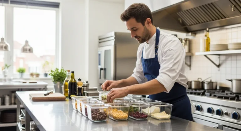 Profitable meal prep business ideas featuring organized glass containers filled with fresh, healthy ingredients.