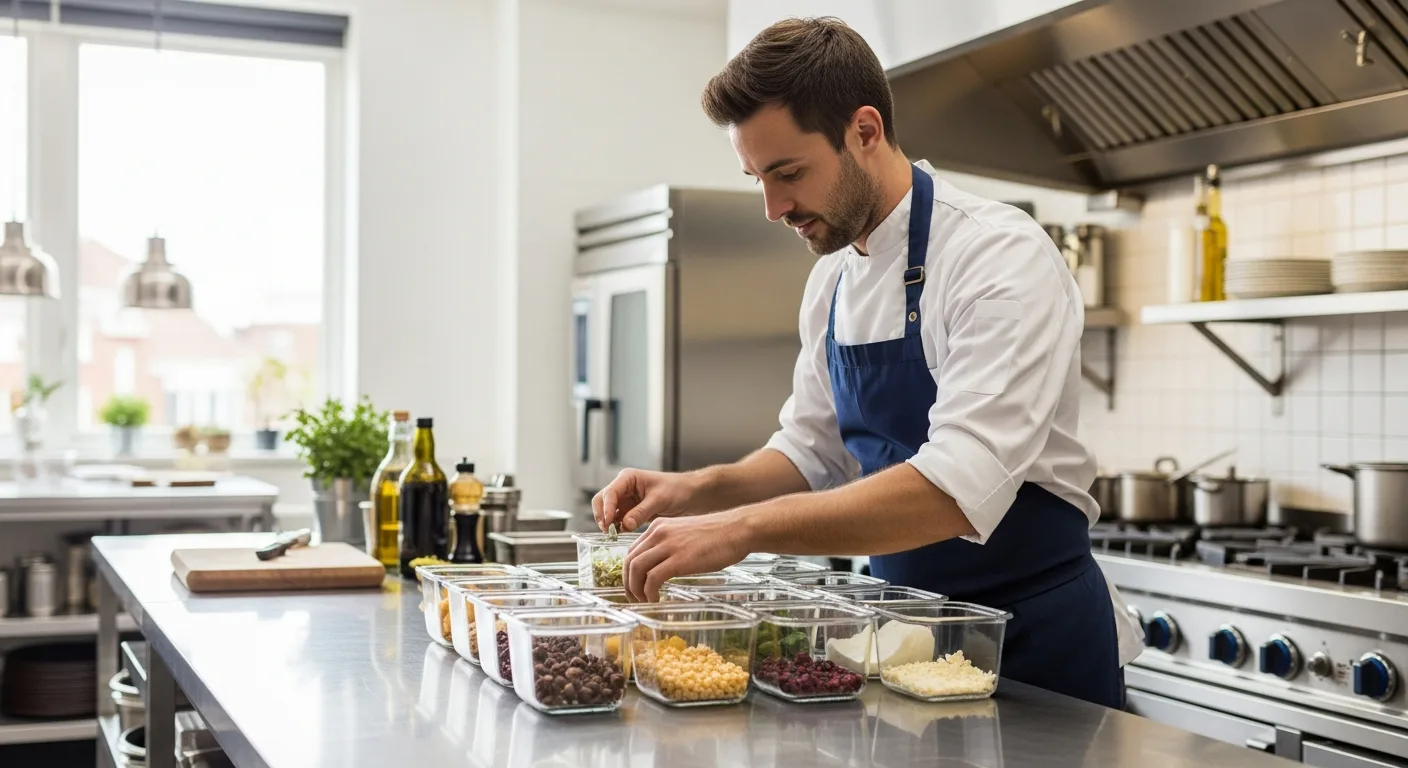 Profitable meal prep business ideas featuring organized glass containers filled with fresh, healthy ingredients.