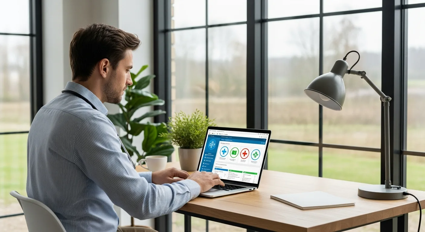 A professional man researching high-paying medical work from home jobs on a laptop in a modern home office.