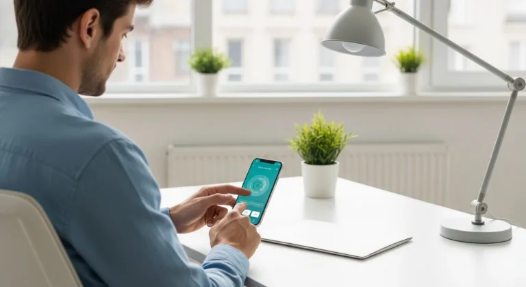 A man reviewing innovative mental health app business ideas on a digital tablet in a modern, serene workspace.