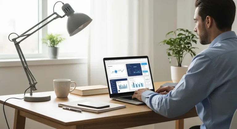 A professional man reviewing profitable micro SaaS ideas to launch in 2026 on a modern laptop screen.