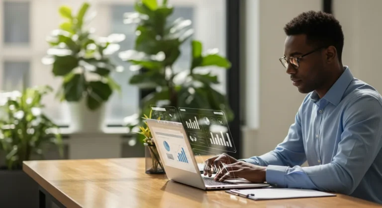 A male professional reviewing minority-owned business resources 2026 on a digital tablet in a modern office.