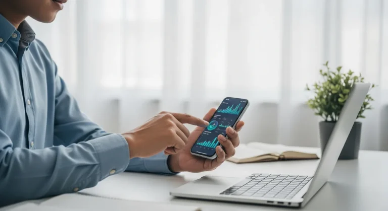 A professional man reviewing a mobile-first business strategy 2026 on a sleek smartphone in a modern office.