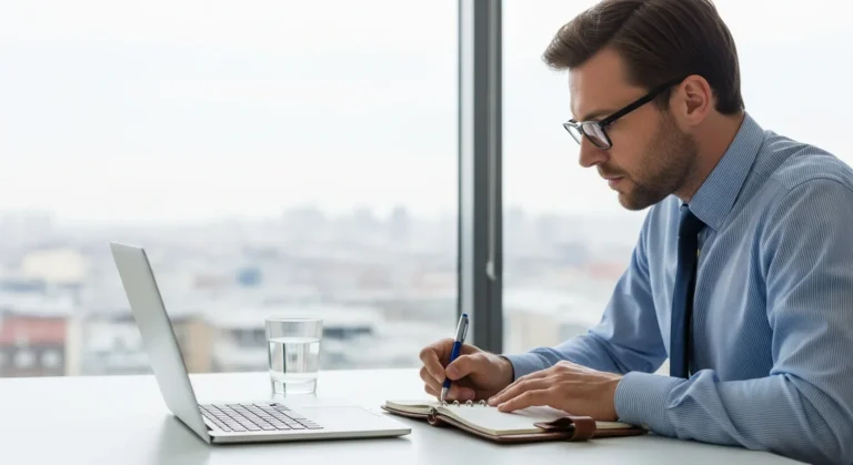 A businessman using a laptop to perform a New Hampshire business search for official entity verification.