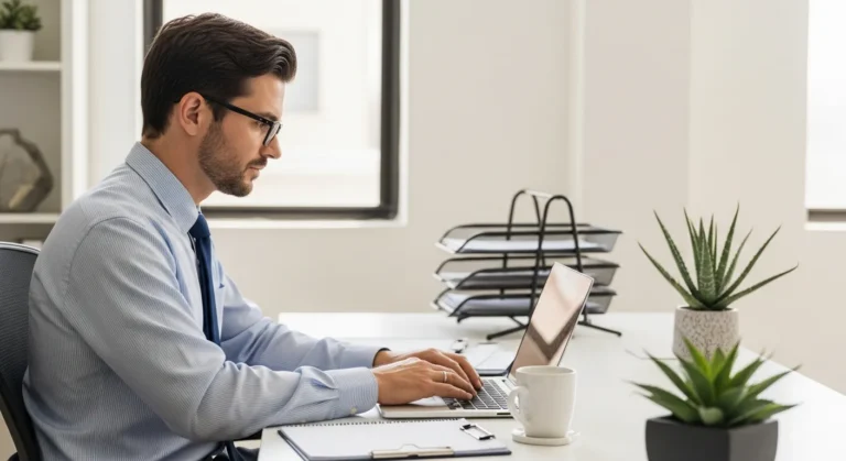 A professional using the New Mexico business entity search to verify company registration details.