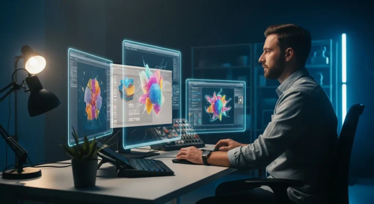 A digital artist analyzing a successful NFT business model for creators 2026 on a futuristic studio workspace.