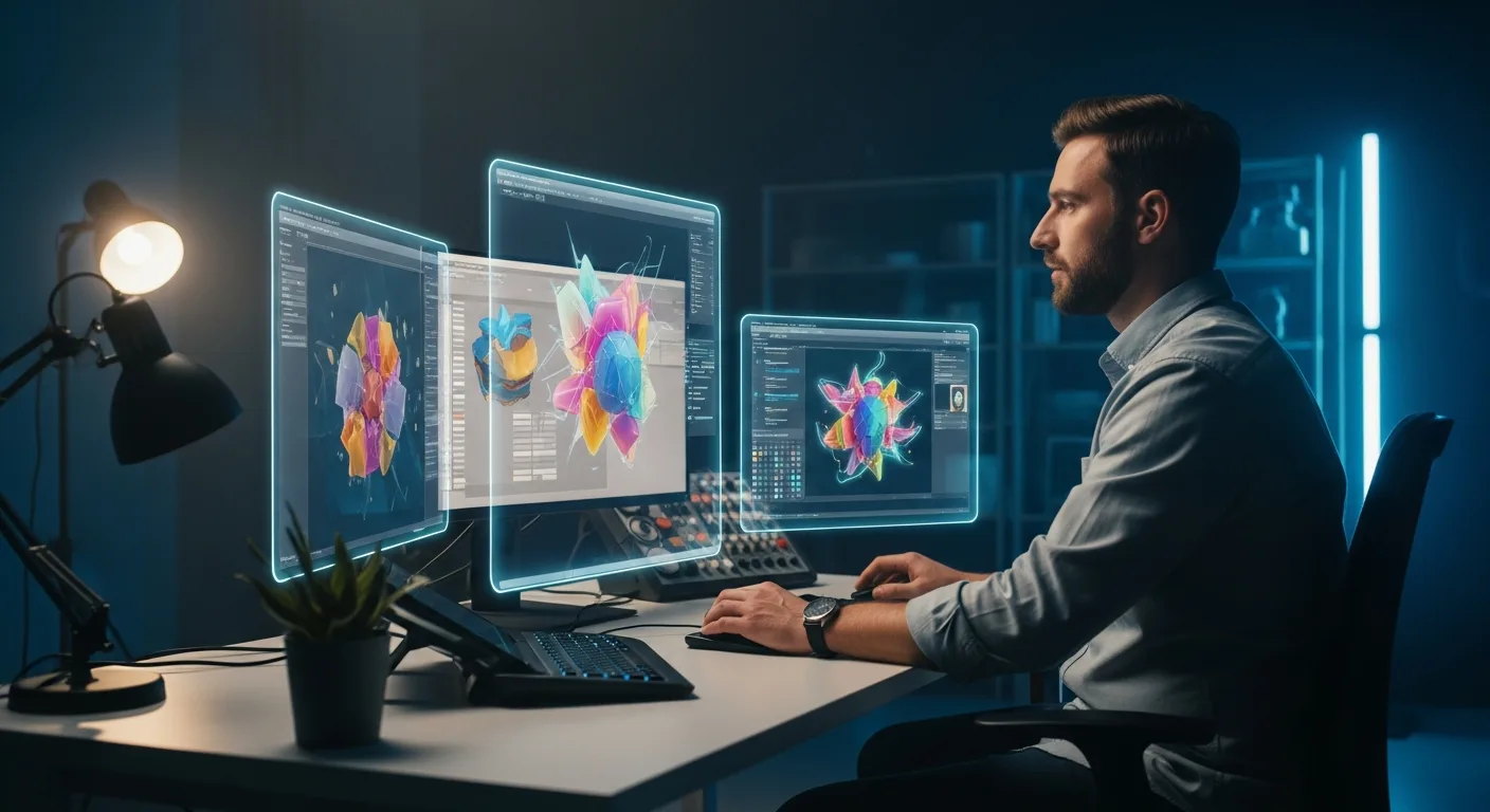 A digital artist analyzing a successful NFT business model for creators 2026 on a futuristic studio workspace.