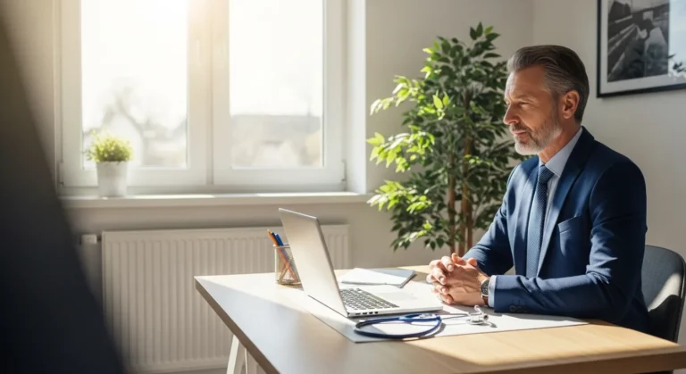 A professional male nurse working on a laptop at a home desk, illustrating nurse work from home jobs.