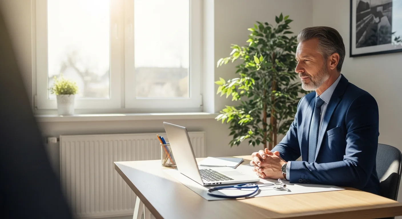 A professional male nurse working on a laptop at a home desk, illustrating nurse work from home jobs.