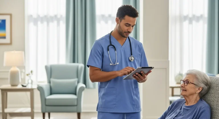 Male nurse reviewing a digital career roadmap for high-paying nursing home jobs in a modern senior care facility.