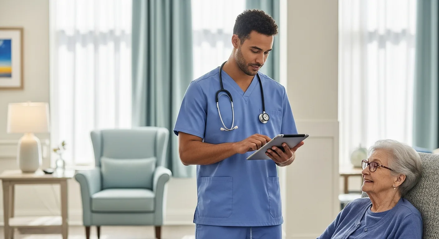 Male nurse reviewing a digital career roadmap for high-paying nursing home jobs in a modern senior care facility.
