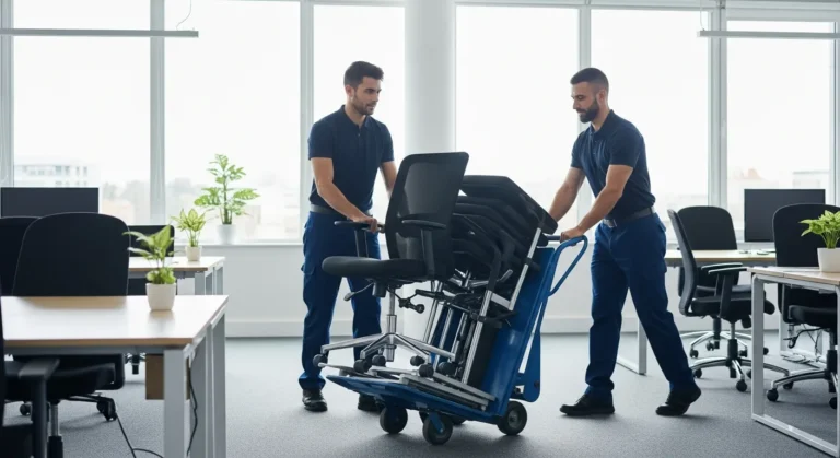 Professional office furniture hauling team moving desks and chairs during a seamless business relocation.