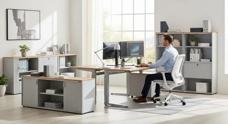 Modern office furniture sets arranged in a bright, productive corporate workspace for peak performance.