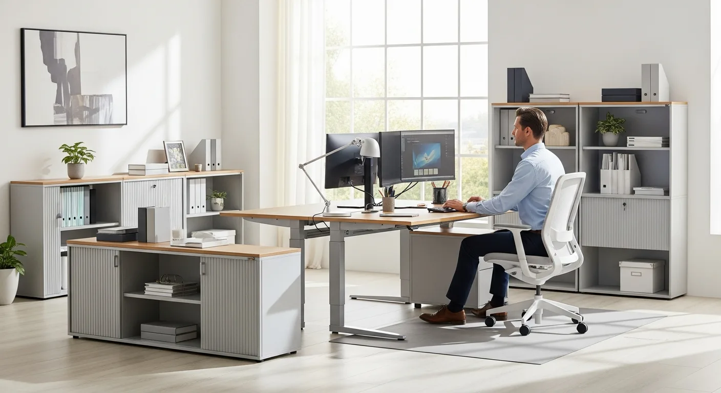 Modern office furniture sets arranged in a bright, productive corporate workspace for peak performance.