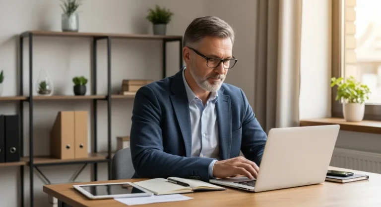 Experienced man researching over 50 entrepreneur business ideas at a bright home office desk.