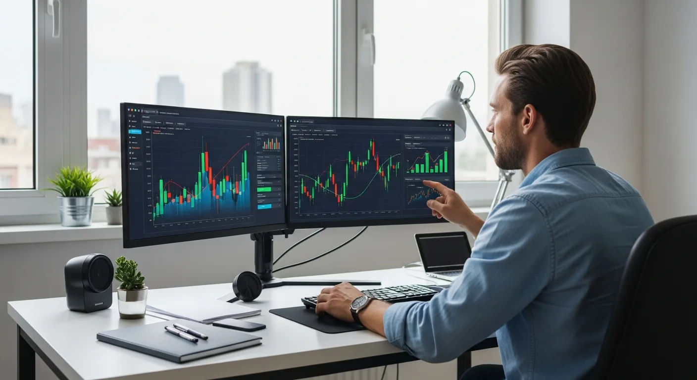 A professional man reviewing various passive income business ideas 2026 on a high-tech dual monitor setup.