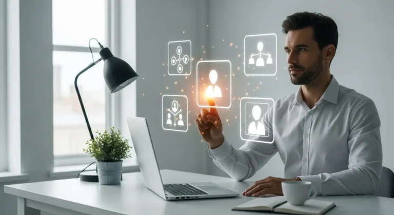 A professional man optimizing his personal brand building on social media using a futuristic tablet interface.