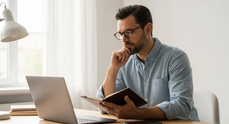 A man working on personal branding for introverted entrepreneurs in a quiet, modern home office.