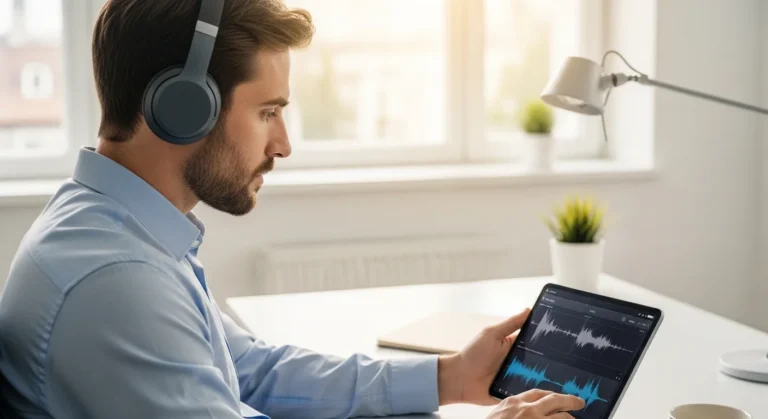 A professional man in a modern office wearing headphones, listening to a podcast for business owners 2026 on his smartphone.