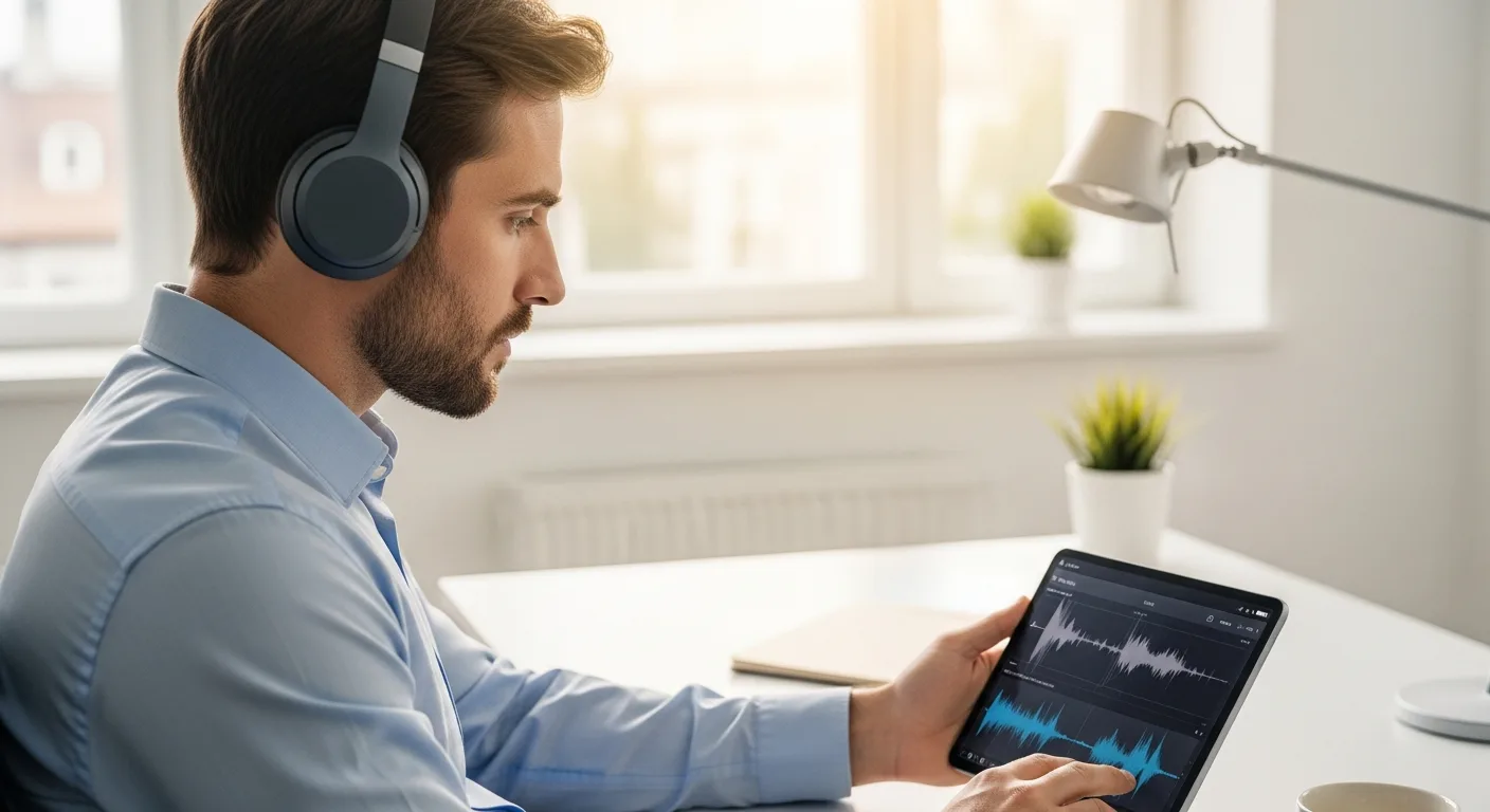 A professional man in a modern office wearing headphones, listening to a podcast for business owners 2026 on his smartphone.
