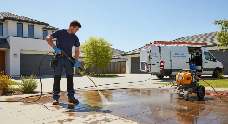 A professional entrepreneur operating a high-pressure nozzle for his power washing business on a residential driveway.