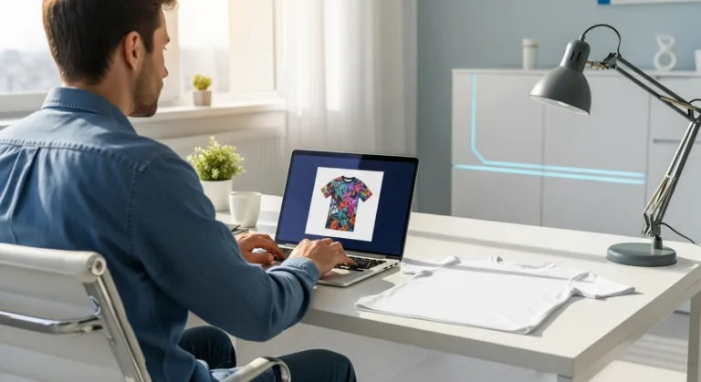 A professional man planning a modern print on demand business setup using a sleek laptop and design tools.