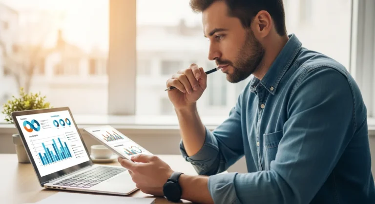 A professional man analyzing various product market fit validation methods on a digital tablet.