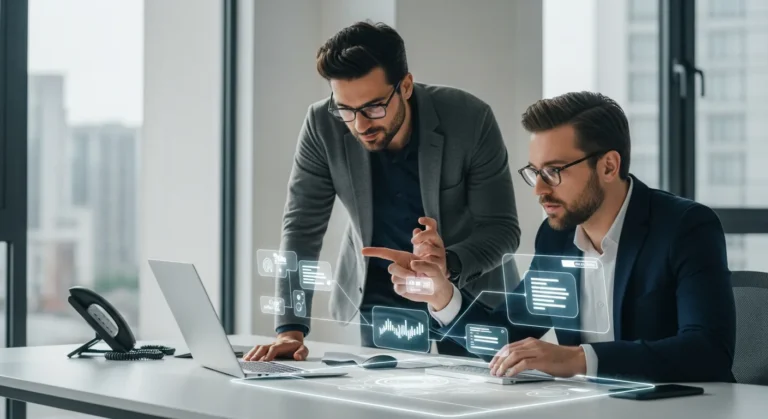 Two professionals discussing prompt engineering consulting services for business growth in a modern 2026 office.