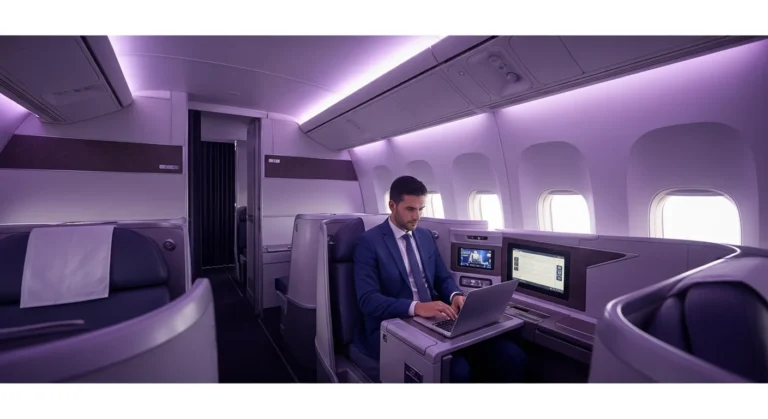A professional traveler working in a luxury Qatar business class Qsuite cabin.