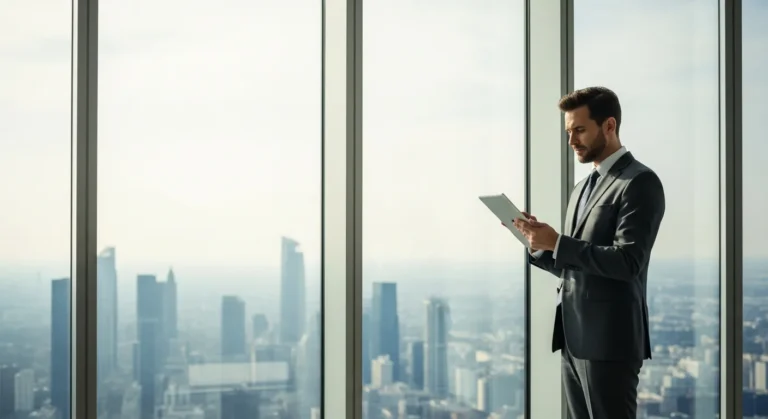 A professional man reviewing real estate agent business tips 2026 on a digital tablet in a modern office.