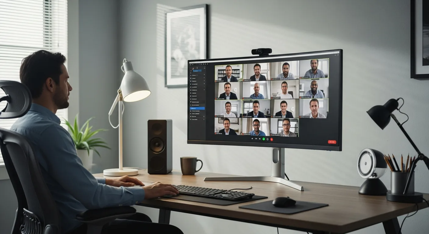 A group of professionals participating in remote team building activities for 2026 via a high-tech video conference.