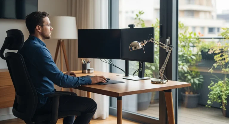 A professional man using advanced technology to excel at remote work from home in a modern 2026 home office.