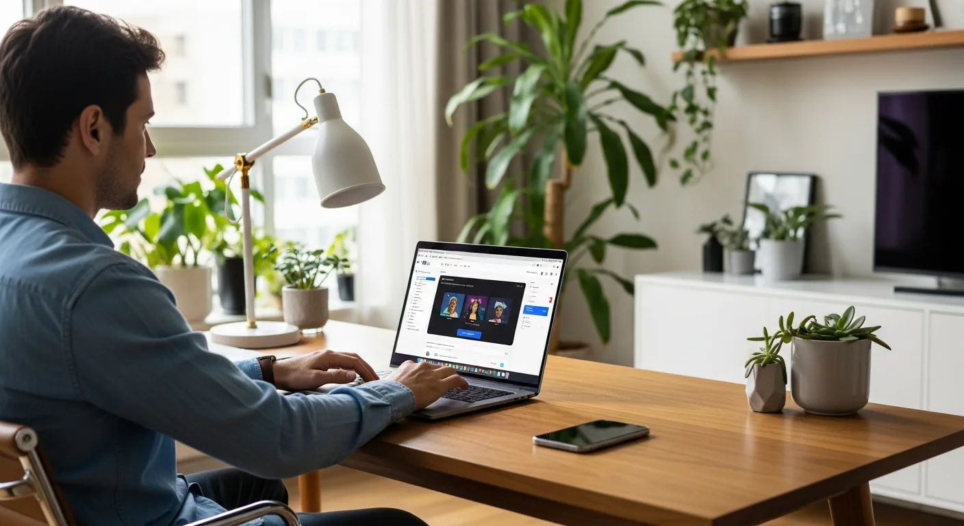 A modern home office setup featuring essential remote work tools for small teams on a high-end laptop.
