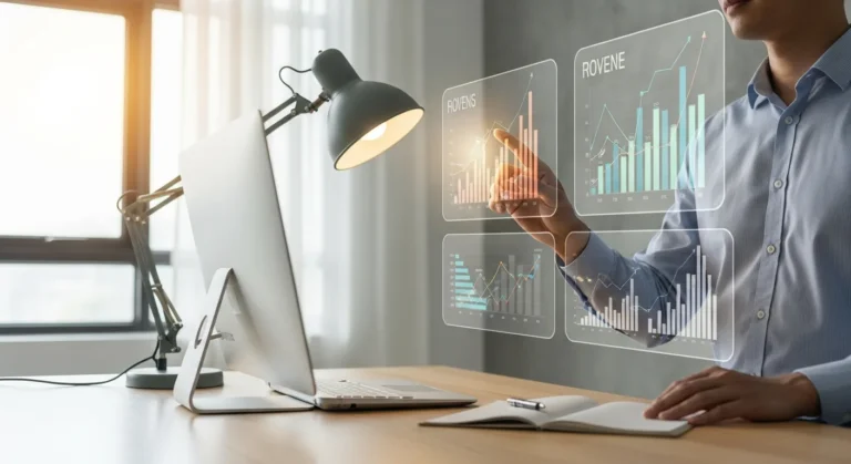 Digital dashboard showing revenue model examples for online businesses on a modern tablet in a high-tech office.