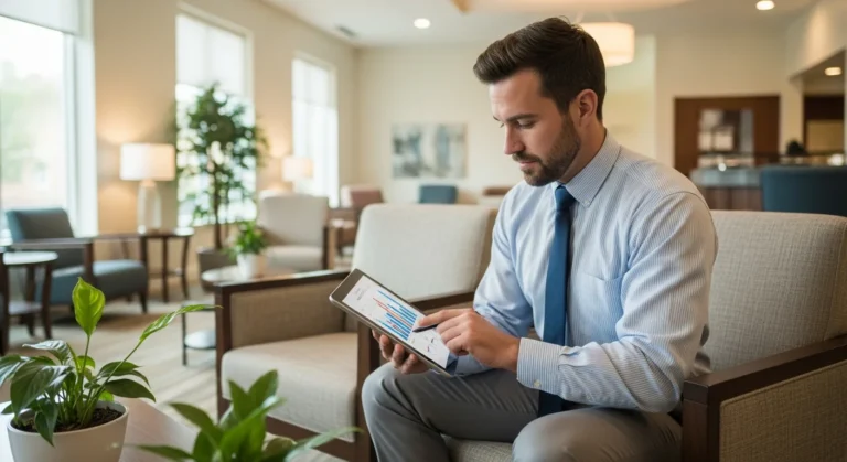 A professional man planning a successful senior care business in a modern healthcare office setting.