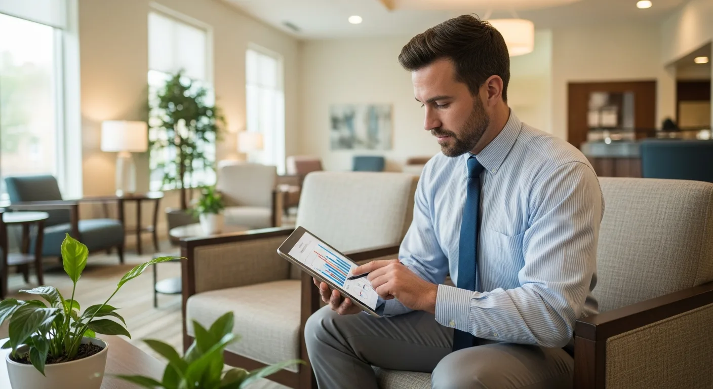 A professional man planning a successful senior care business in a modern healthcare office setting.