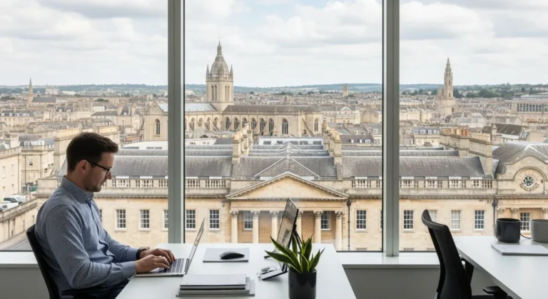 A professional working on digital strategies to improve seo for small business bath in a modern city-view office.
