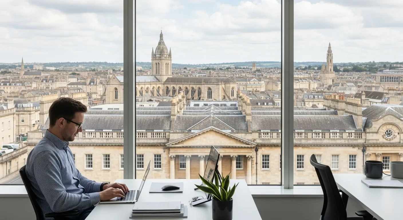 A professional working on digital strategies to improve seo for small business bath in a modern city-view office.