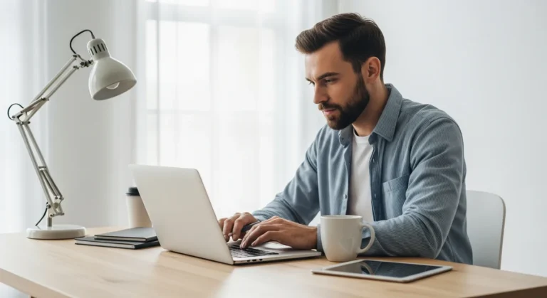 A professional reviewing a Shopify store launch checklist on a laptop in a modern, sunlit home office.