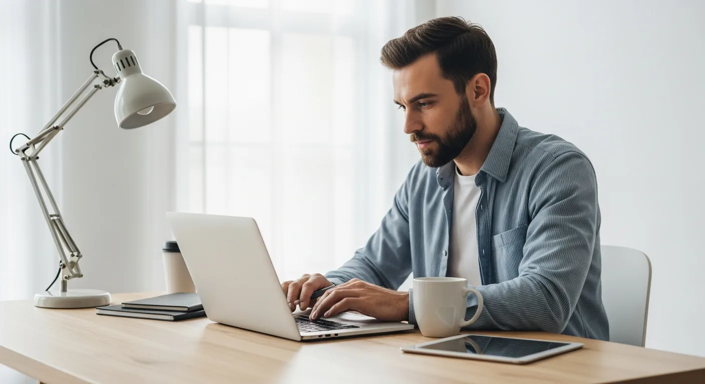 A professional reviewing a Shopify store launch checklist on a laptop in a modern, sunlit home office.