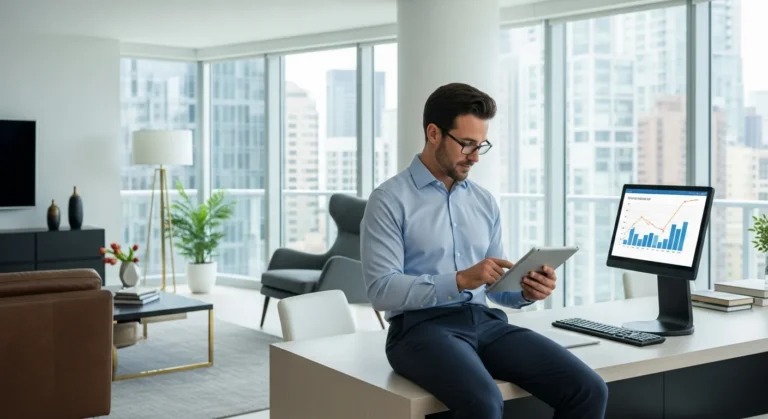 Professional man analyzing the short-term rental business Airbnb 2026 market trends on a tablet in a modern loft.