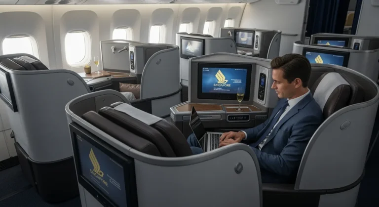 A professional businessman working on a laptop within the luxury Singapore business class cabin.